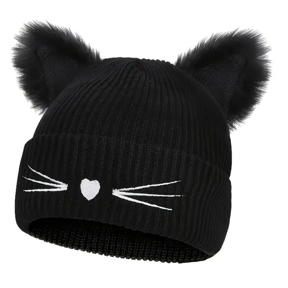 NEW Black Hat, Cat 🐈‍⬛ Nose & Whisker detail, one size fits most, soft, warm